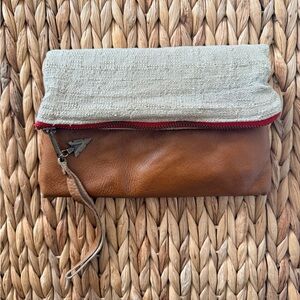 Canvas & Leather Fold-Over Clutch in Brown and Cream